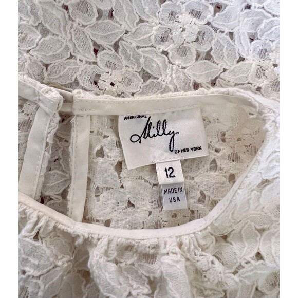 Milly White Floral Lace Top Size 12 Side Buttoned 3/4 Sleeves Cotton Blend - Picture 6 of 7